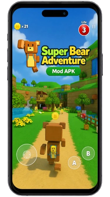 Super Bear Adventure Mod APK (v12.1.6) Free Download With (Unlimited Coins)For Android 1 Super Bear Adventure Mod APK mobile gameplay hero section image with dark smartphone frame
